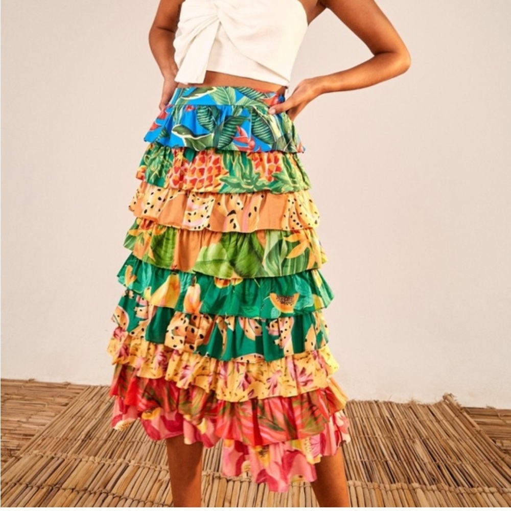 FARM Rio Multicolor Tiered Ruffle Midi Skirt